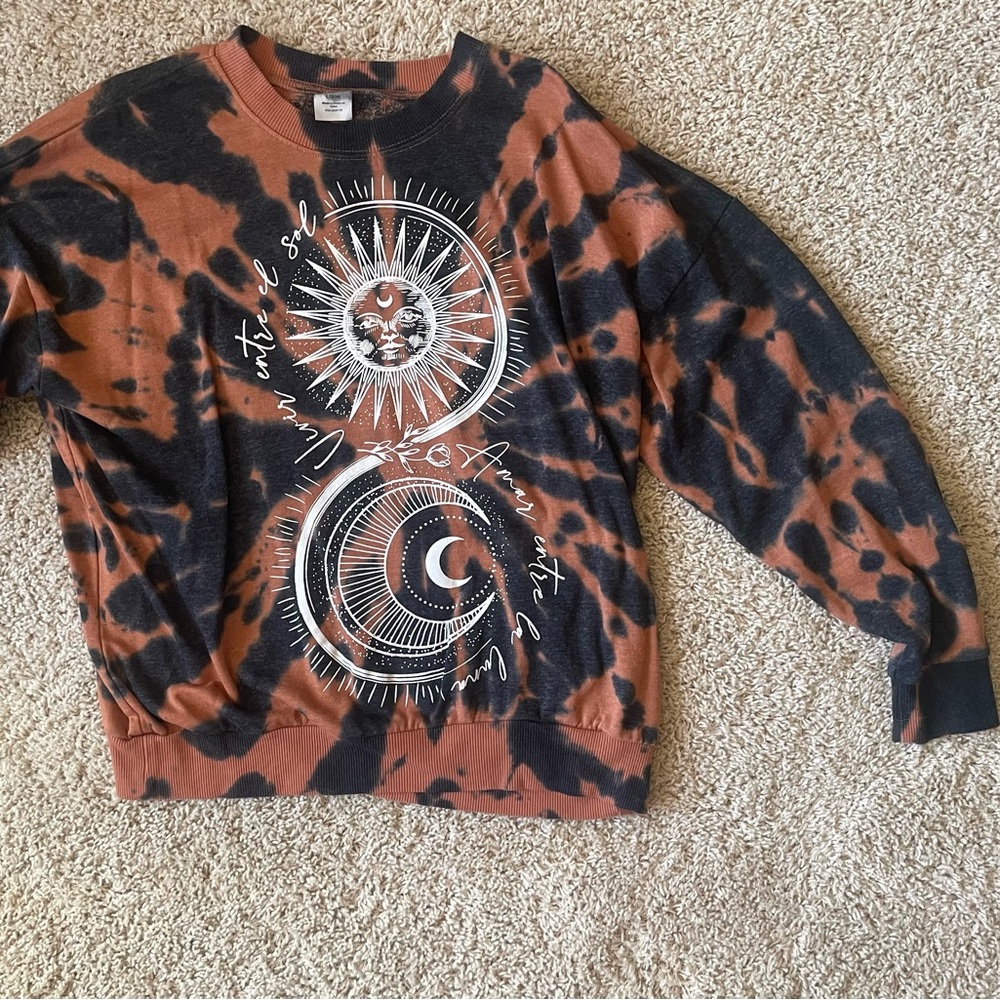 Black and Brown Tie-Dye Sweatshirt with Sun and Moon Design